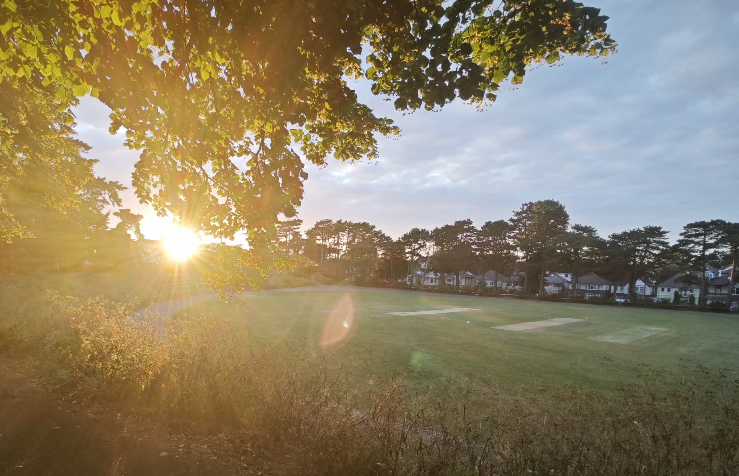 Low sun through the trees over the cricket field at Winton Recreation Ground